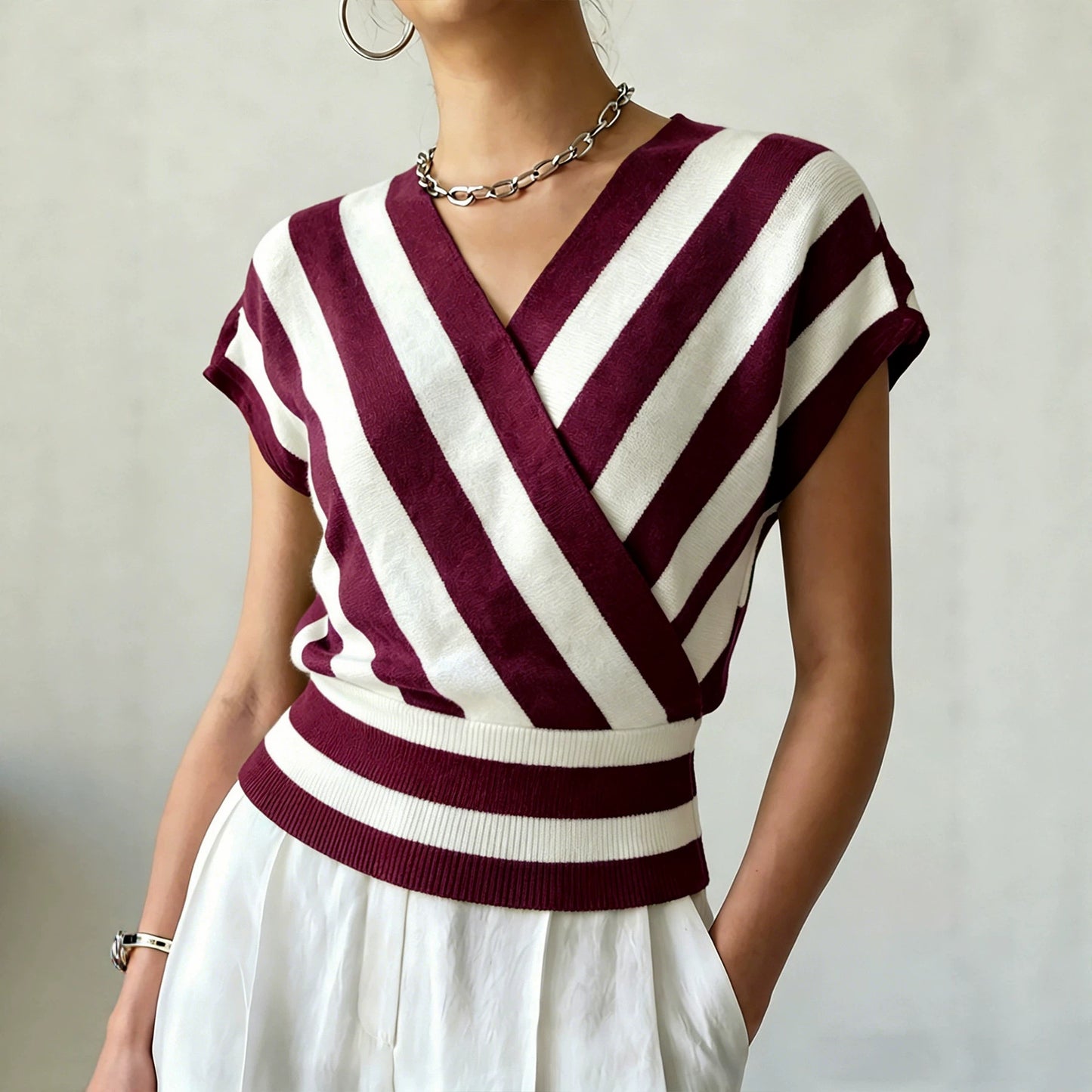 Women's Striped Cross Collar Waist Design Daily Sweaters
