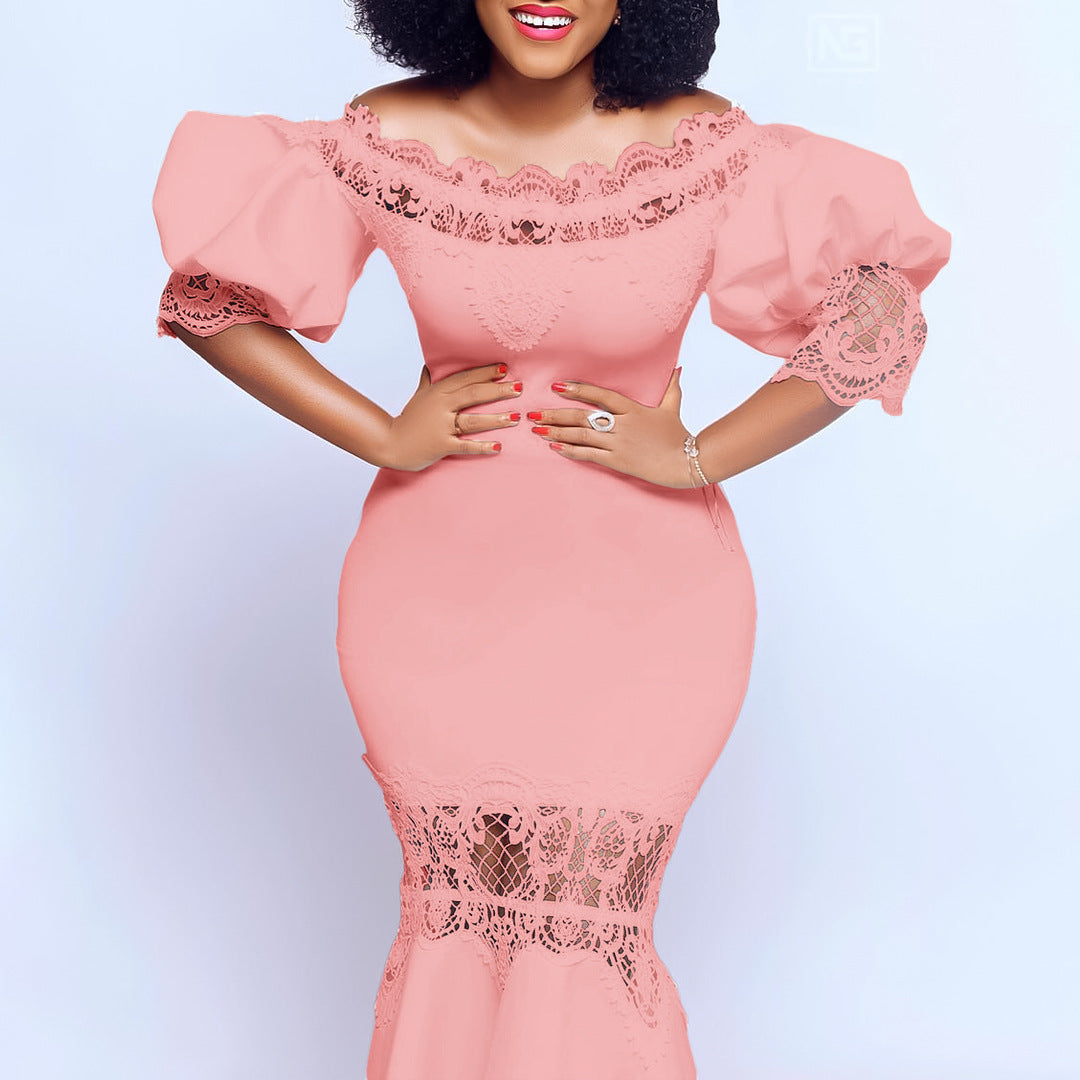 Women's Puff Sleeve Lace Stitching Banquet Fishtail Dresses