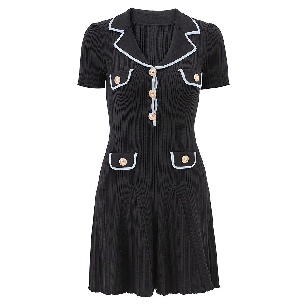 Women's Style Elegant Lapel Short-sleeved Knitted Dress Early Spring Temperament Dresses