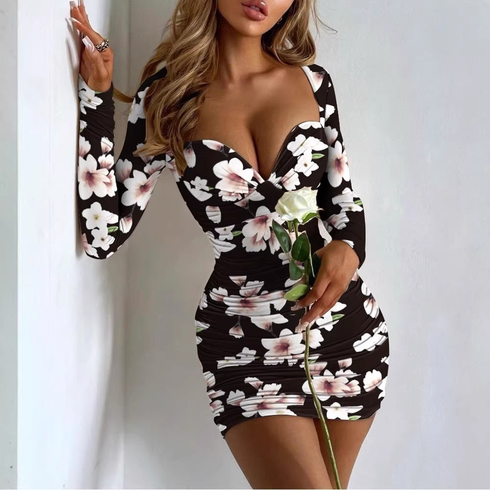 Women's Long Sleeve Sexy Low-cut Slim Fit Sheath Print For Dress