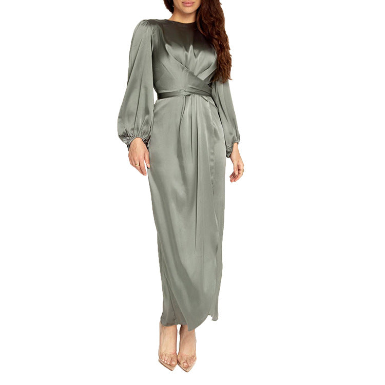Fresh Sweet Satin Long Lantern Sleeve Lace Dress