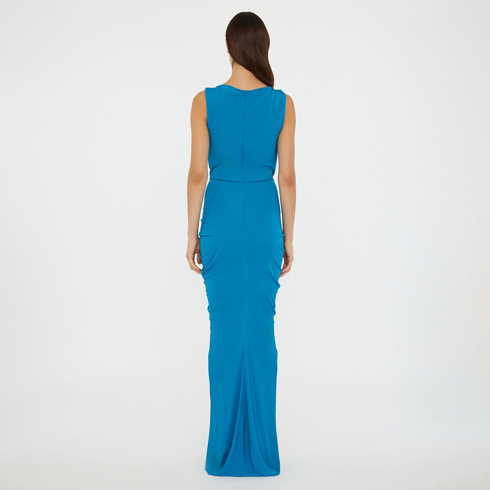 Women's Elegant Stitching Sexy Dress Blue Hollow High Dresses