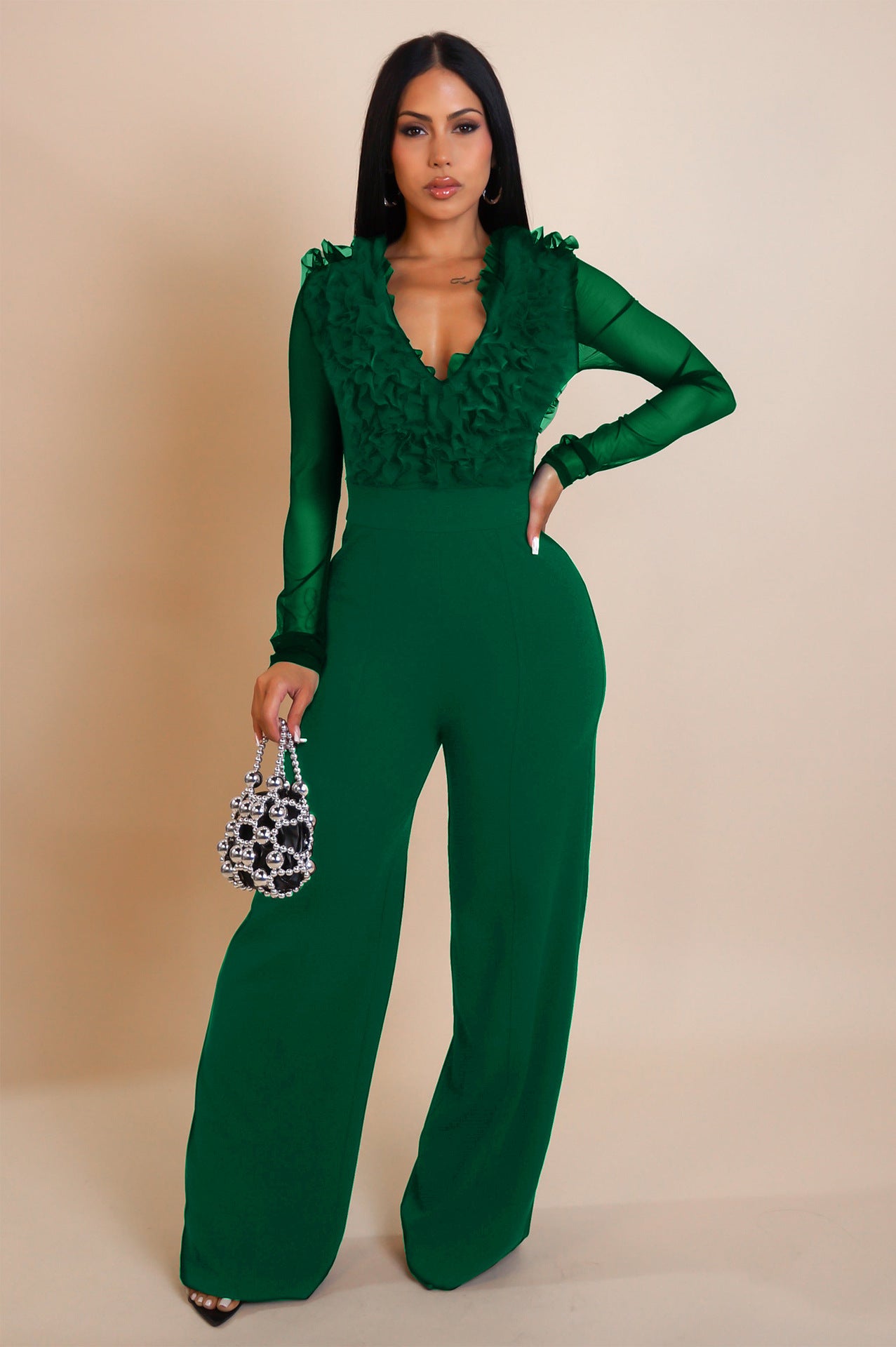 Women's Personalized Line Mesh Stitching Long Sleeves Jumpsuits