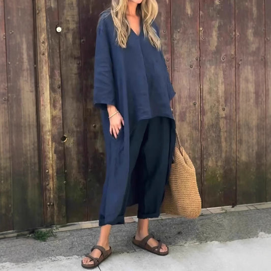 Women's Summer Pocket Set Solid Color Loose Suits
