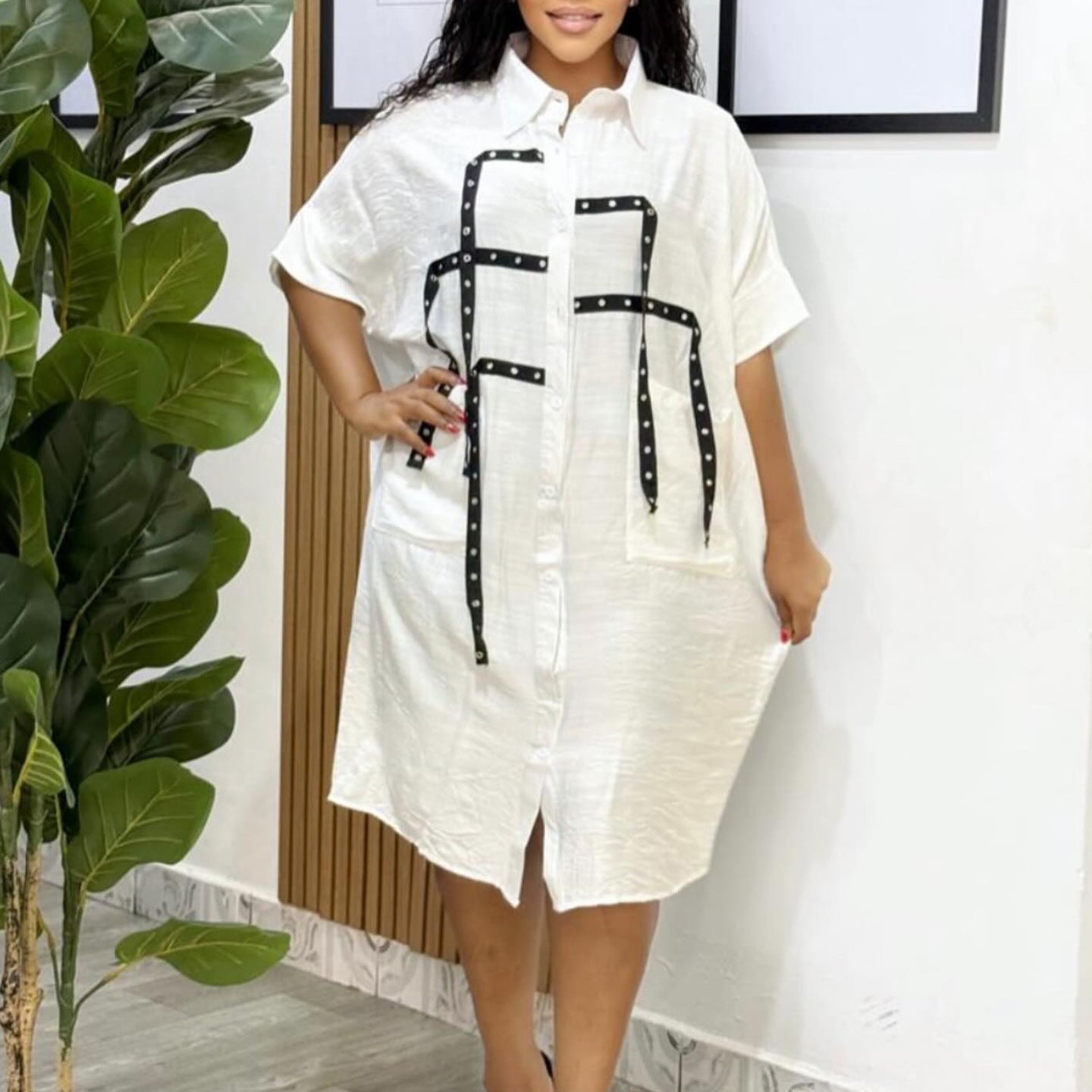 Women's Sleeve Fashion Loose Lapels Shirt Mid-length Shorts