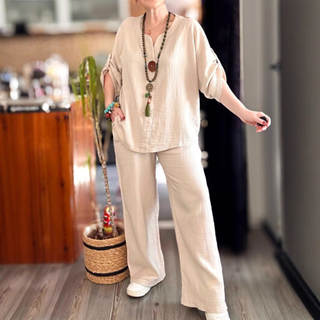 Women's Cotton Linen Loose Two-piece Half Sleeve Fashion Casual Suit