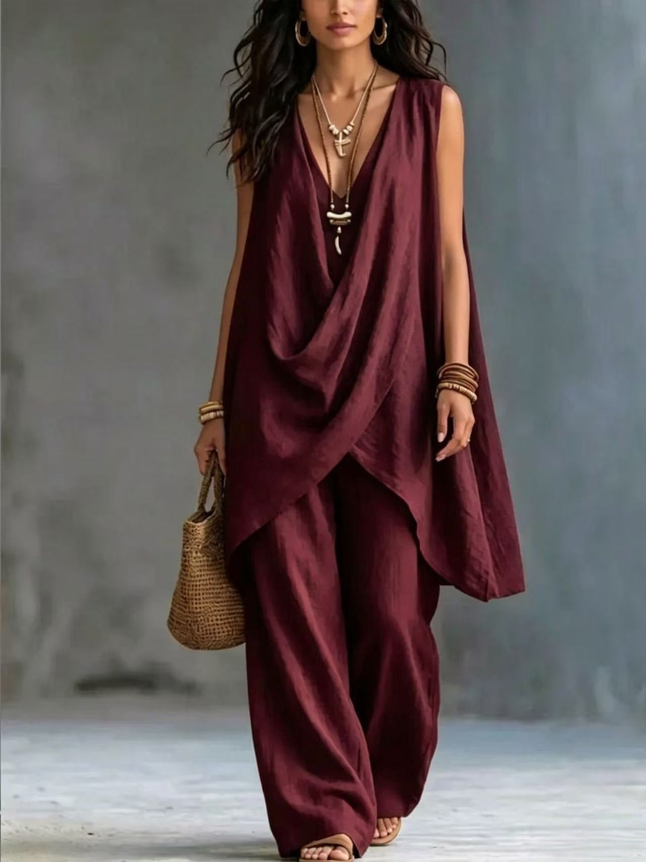 Women's Sleeveless Stand Collar Solid Color Loose Temperament Cotton Fashion Casual Suit