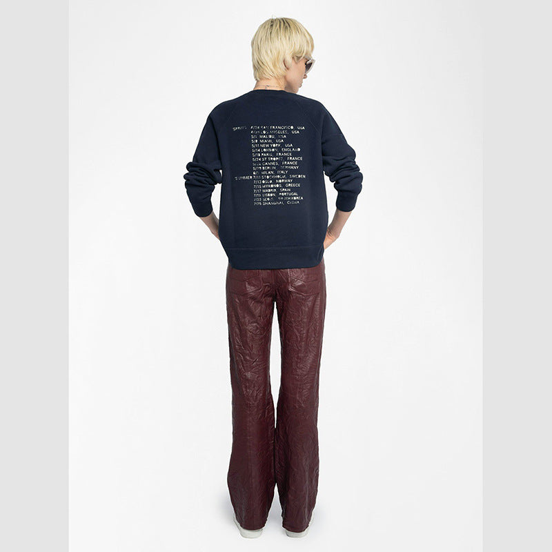 Women's Print English Hot Rhinestone Raglan Sleeve Sweaters