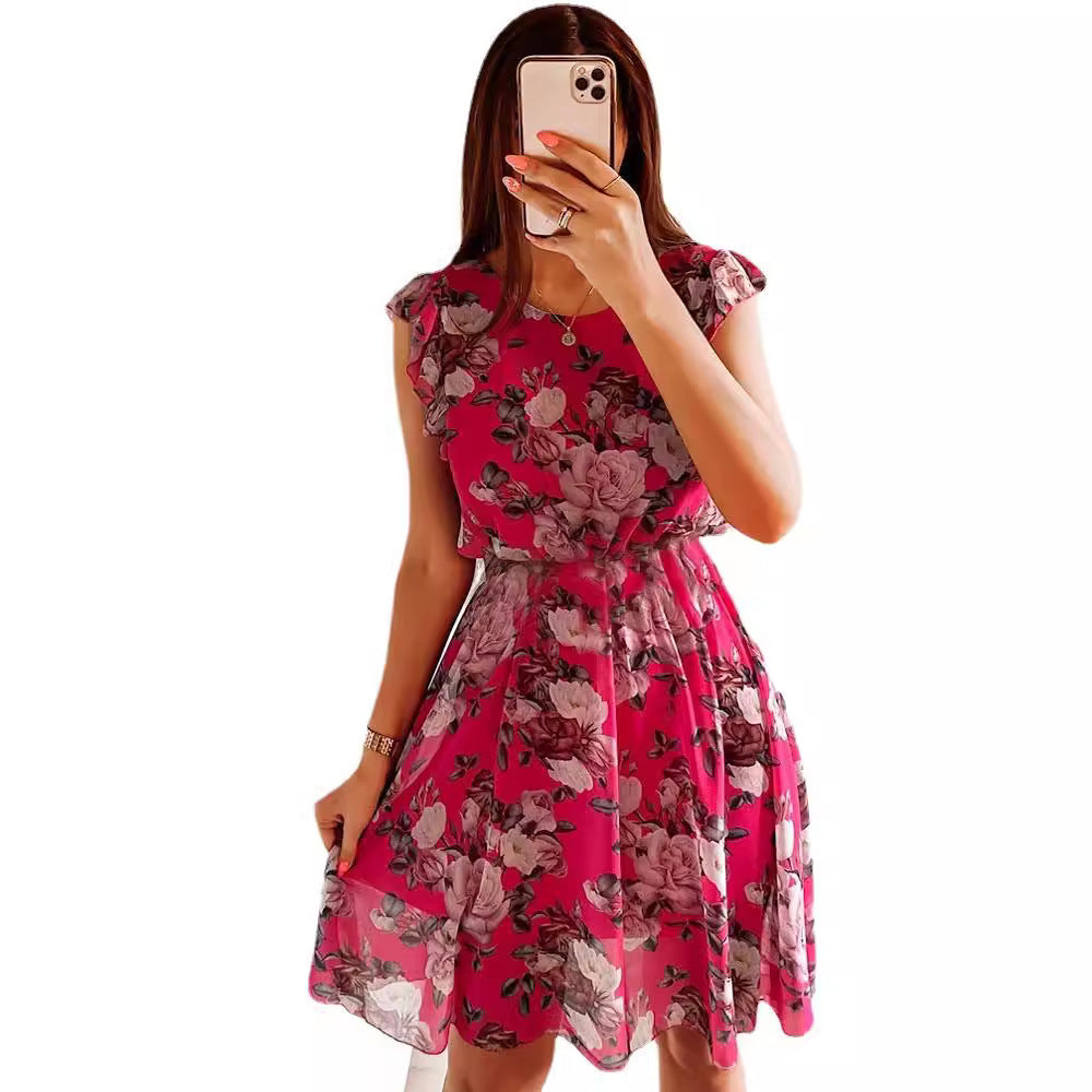 Holiday Style Ruffled Sleeves Chiffon Printed Dresses