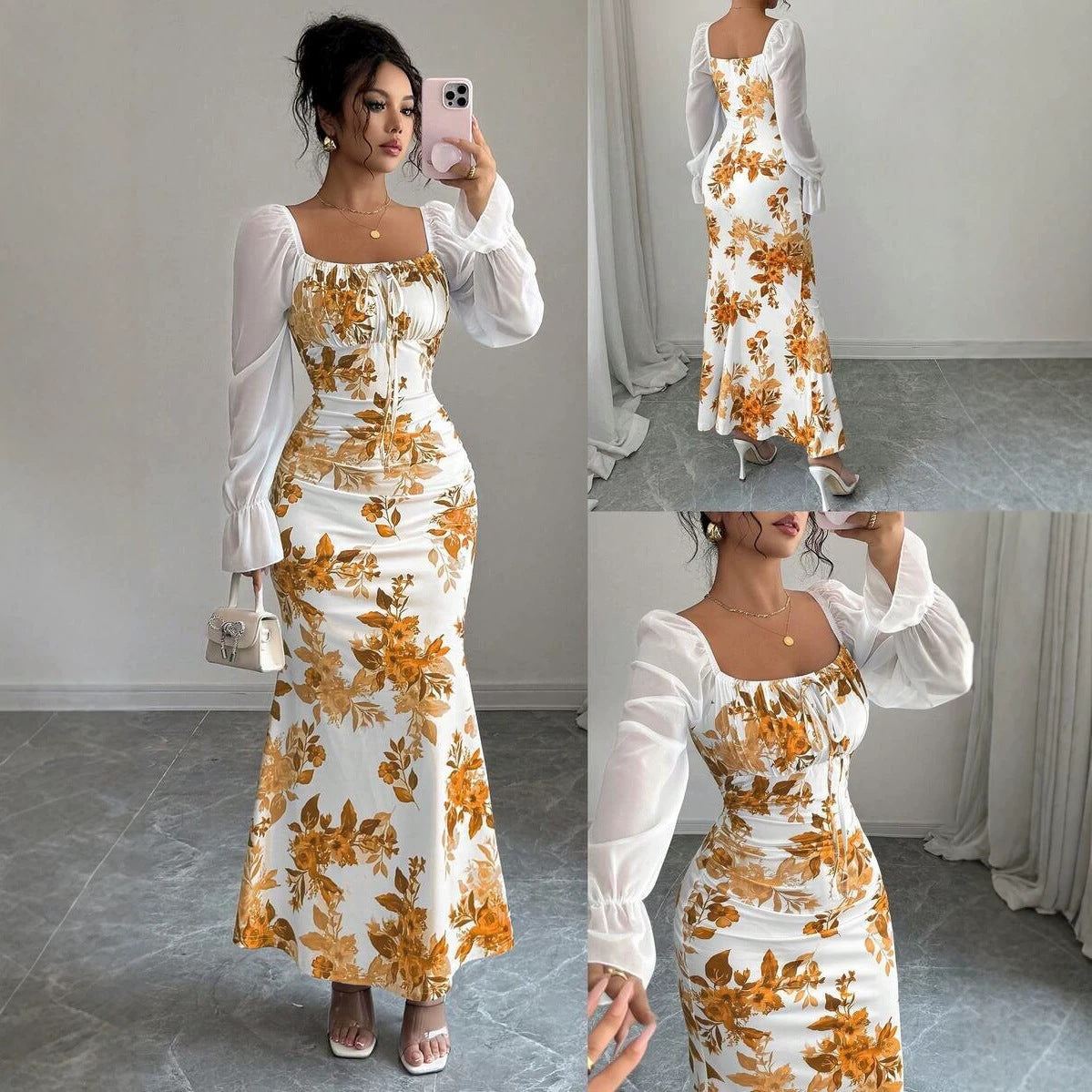 Women's Elegant Pleated Waist Floral Horn Sleeveless Dress