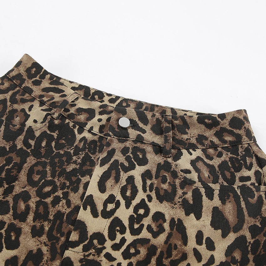 Leopard Print High Waist Straight Retro Pants