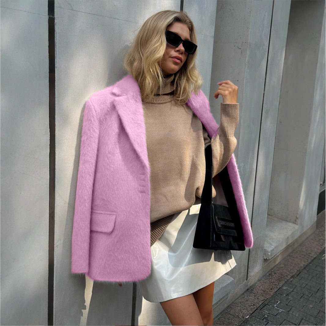 Women's Wind Loose Lapels Plush Long-sleeved Overcoat Coats