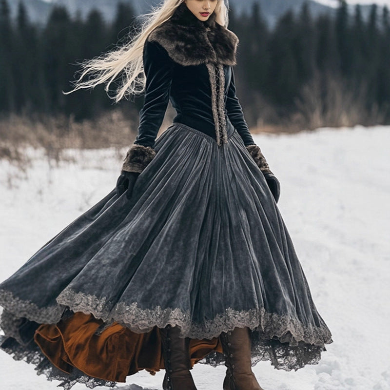 Women's Long Sleeve Fur Collar Lace Dress Dresses