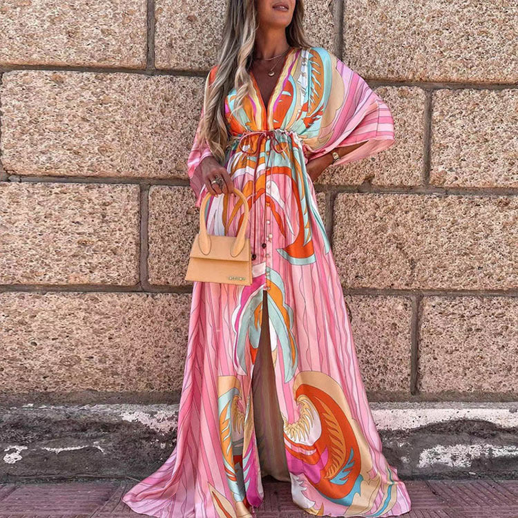 Women's Printed Long Bohemian Sexy Style Single-breasted Beach Dress
