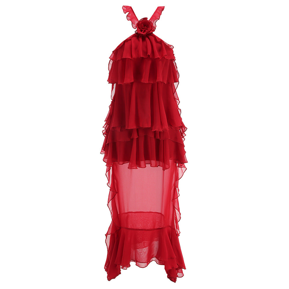 Women's Sexy Ruffles Halter Dress Flower Decorative Dresses