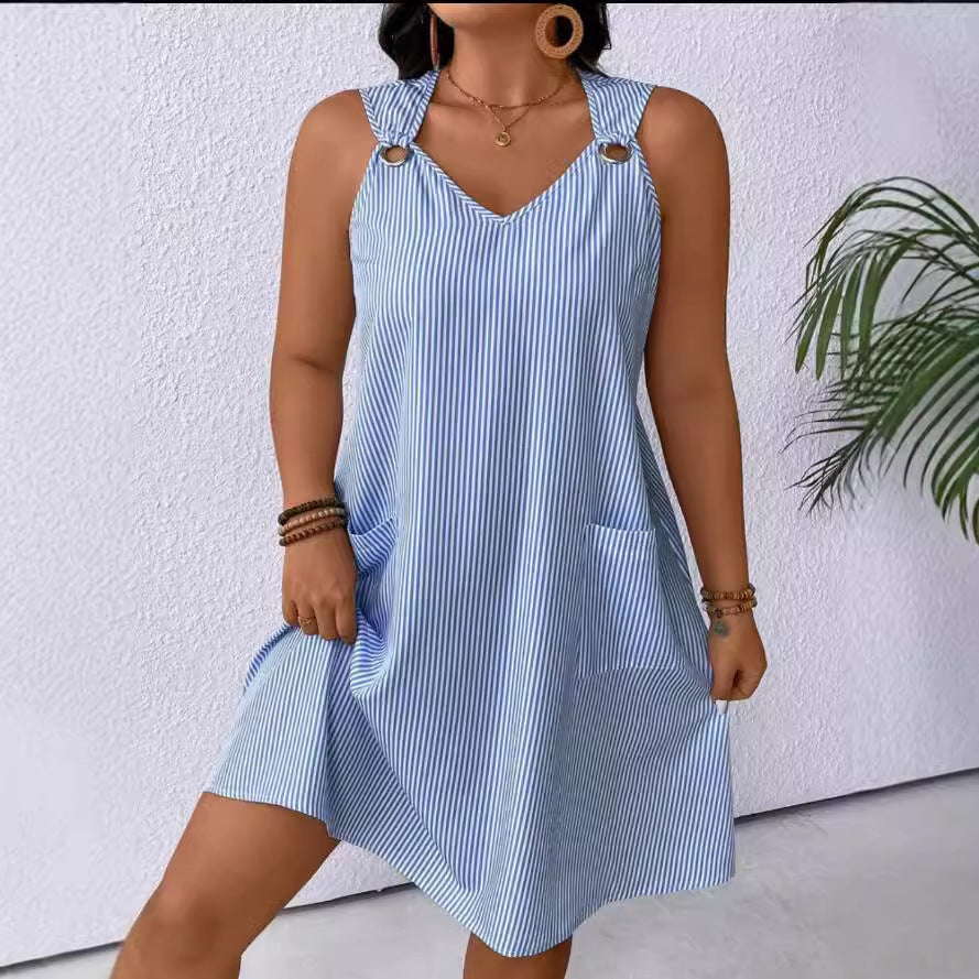 Glamorous Round Neck Pocket Striped Overall Skirts