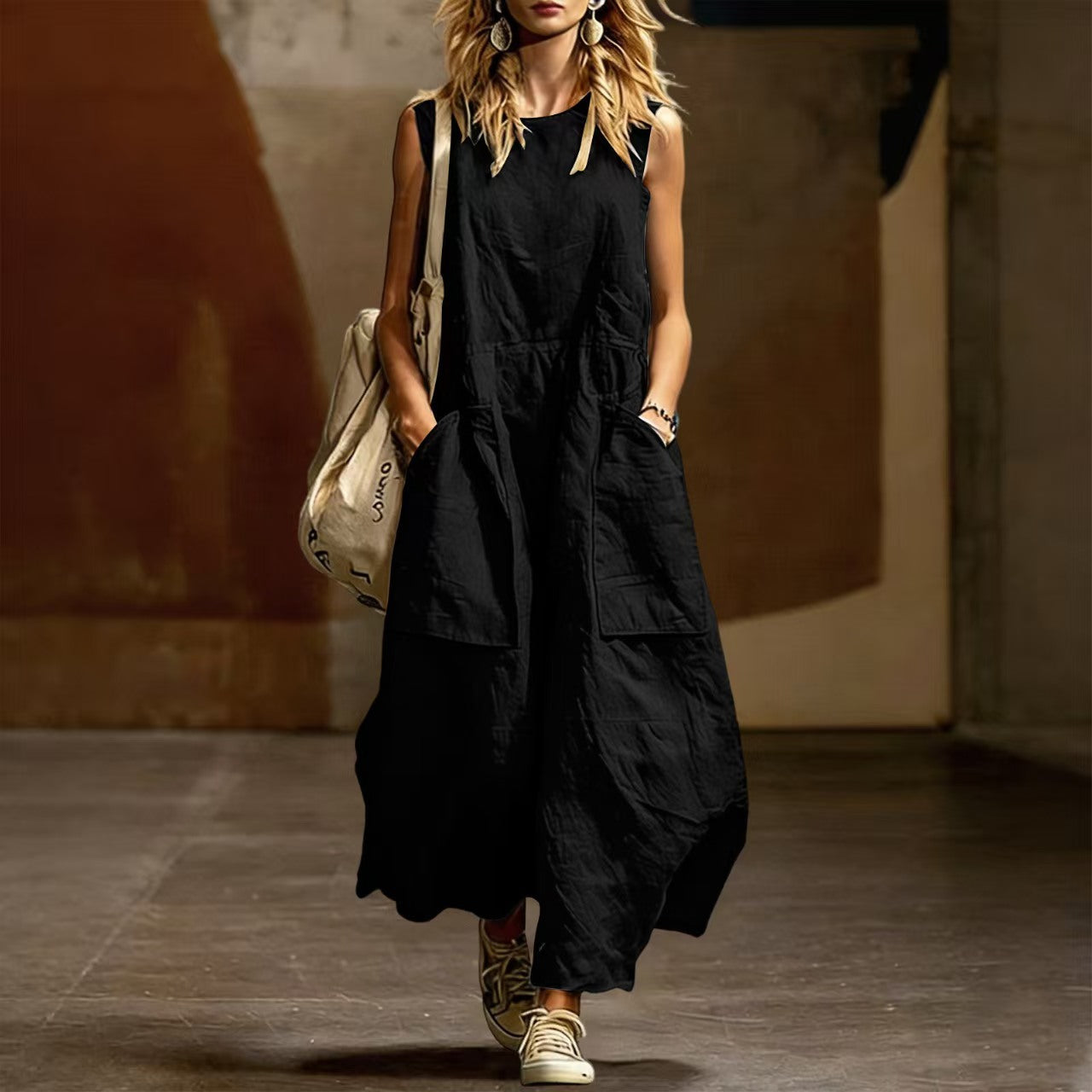 Women's Loose Simple Sleeveless Pocket Cotton Linen Dress