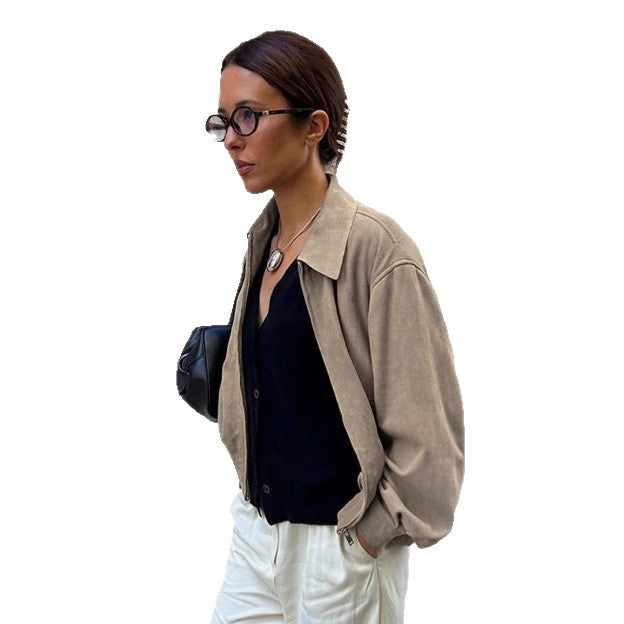 Women's Suede Winter Vintage Khaki Loose Lapels Jackets
