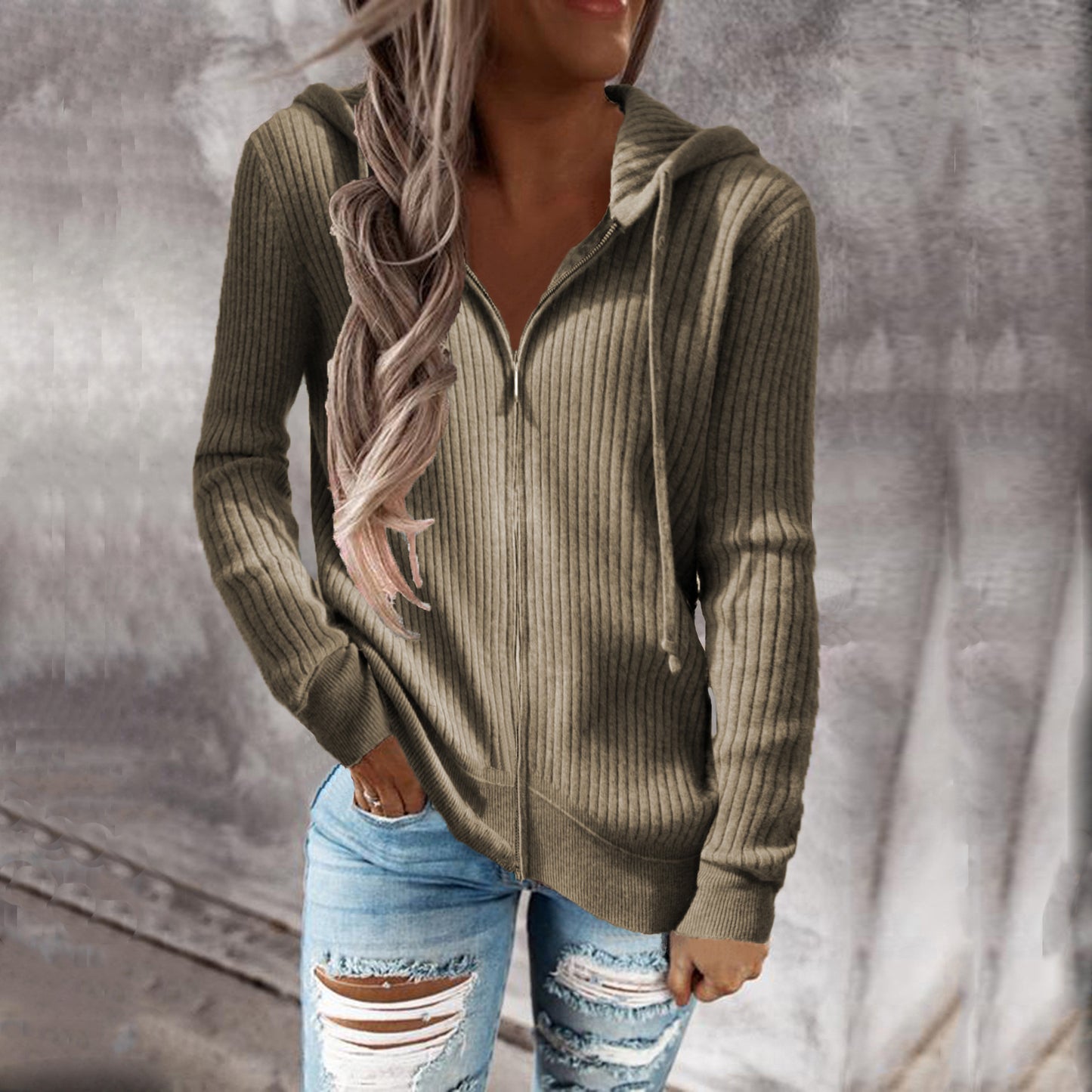 Cool Women's Zipper Long Sleeve Hooded Women's Sweater, Sweater