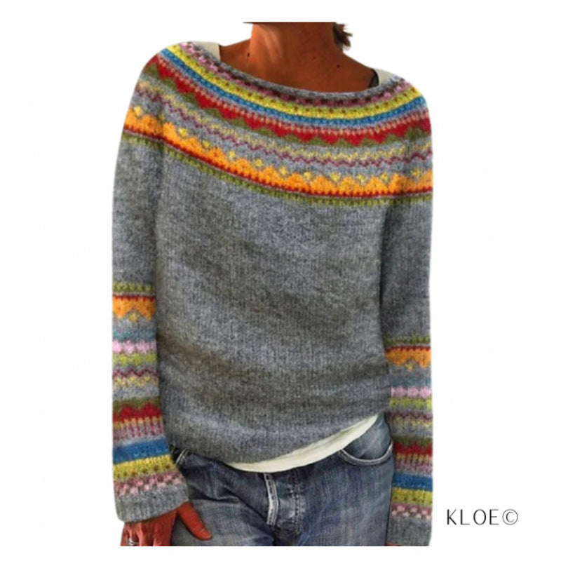 Women's Tibetan Wolf Round Neck Loose Fashion Pullover Color Matching Dark Sweaters
