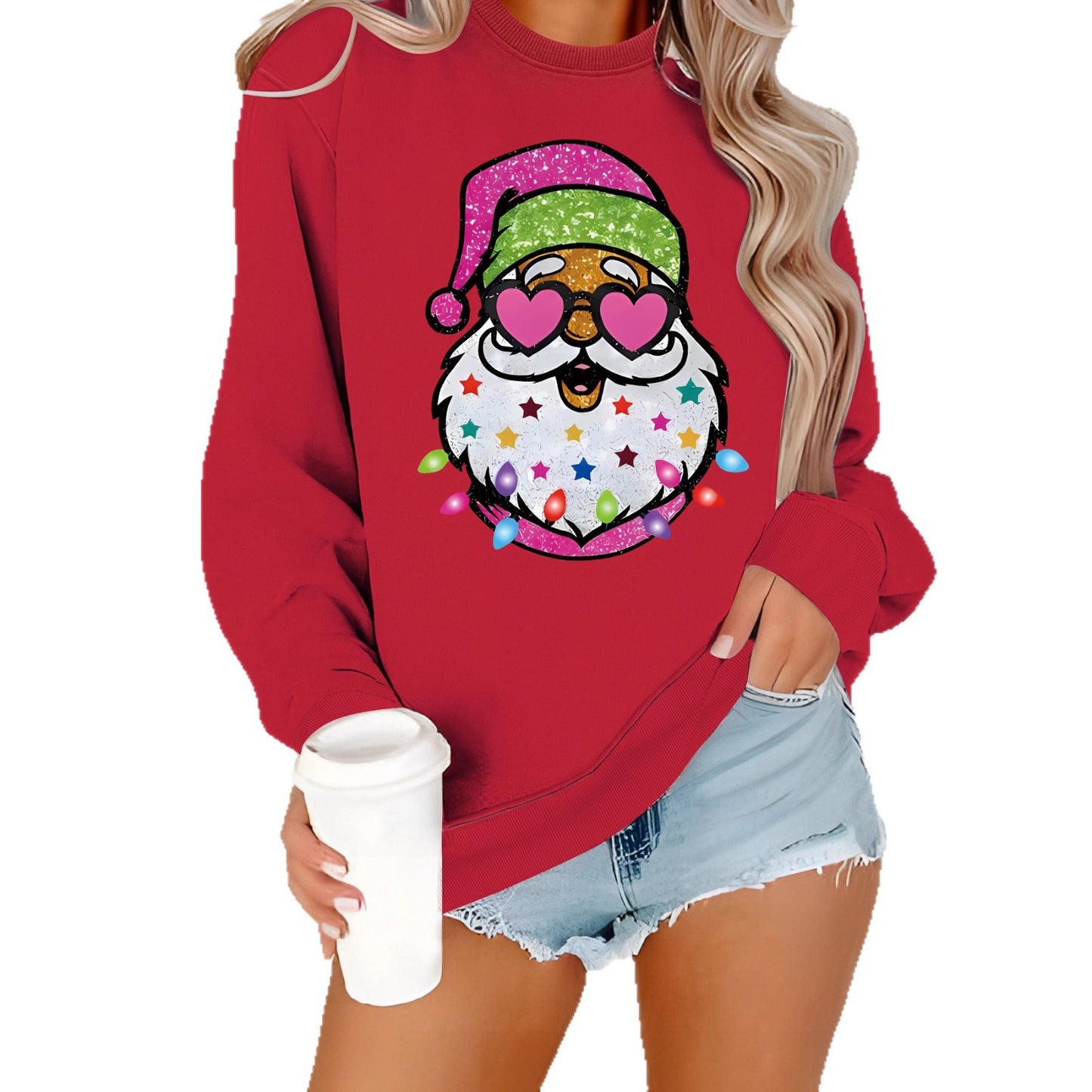 Women's Claus Graphic Print Crew Neck Casual Long Women's Sweater, Sweater