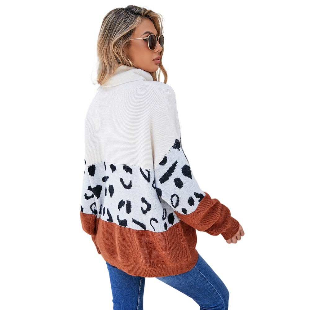 Women's Urban Casual Turtleneck Printing Stitching Leopard Print Idle Style Oversized Sweater