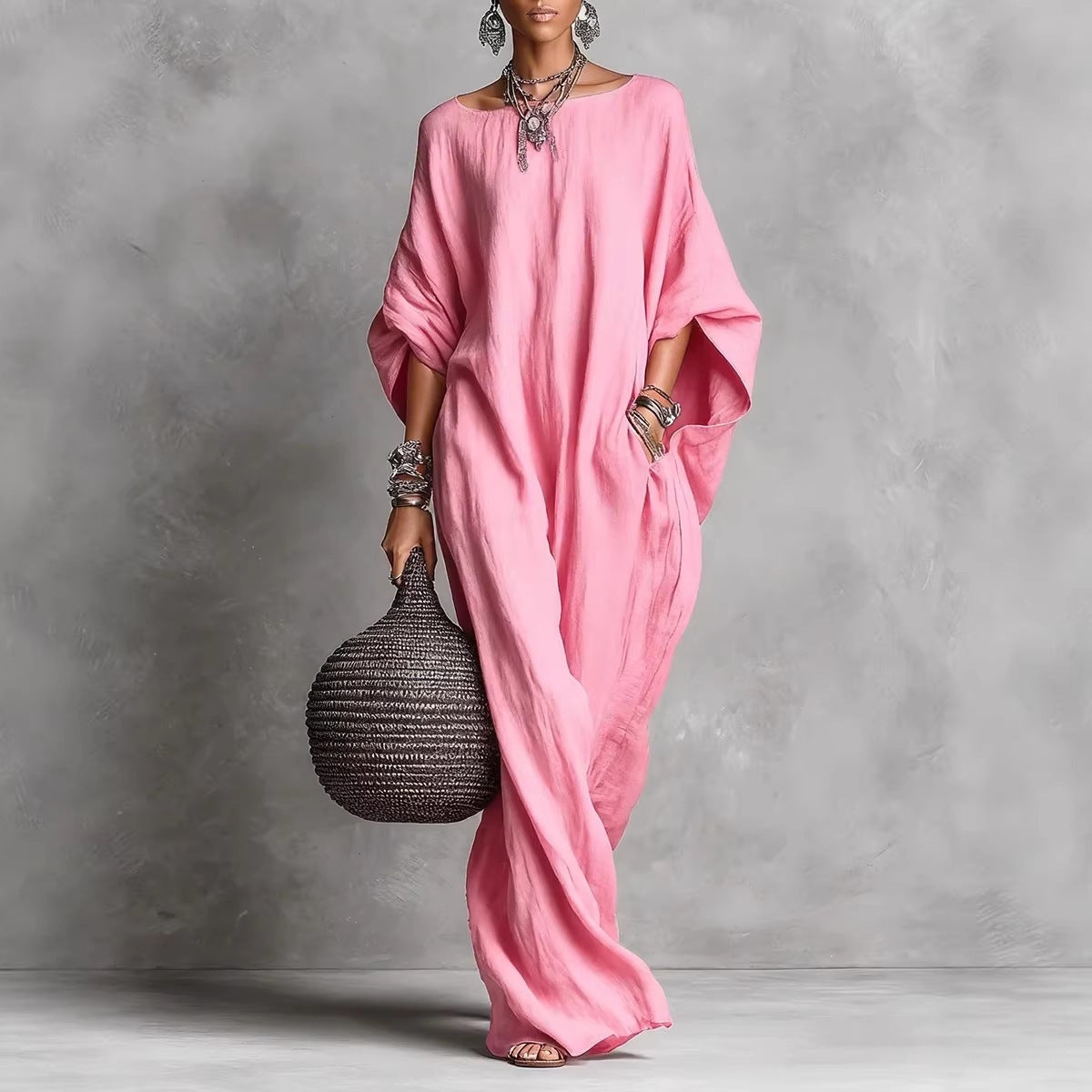 Women's Retro Solid Color Temperament Long Sleeve Dress
