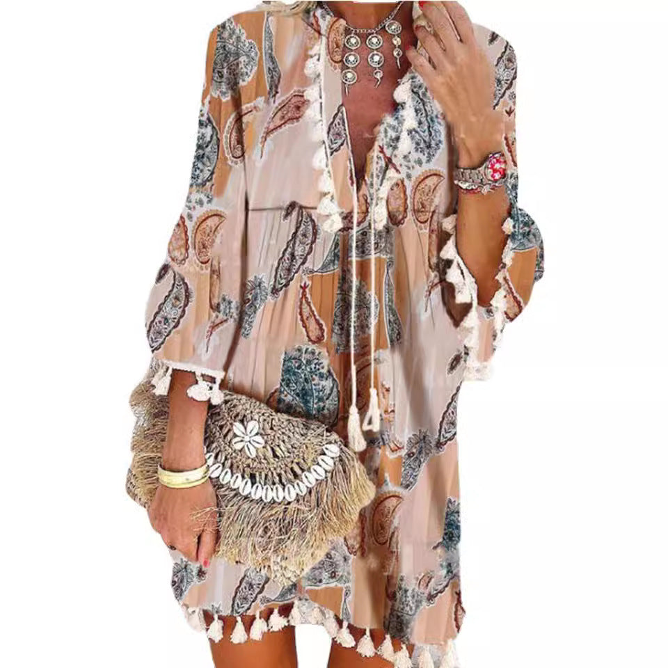 Printed Pink Turtleneck Temperament Commute Tassel Dress