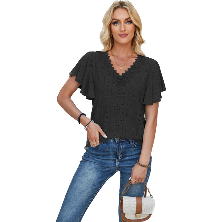 Women's Lace Ruffle Solid Color Loose T-shirt Blouses