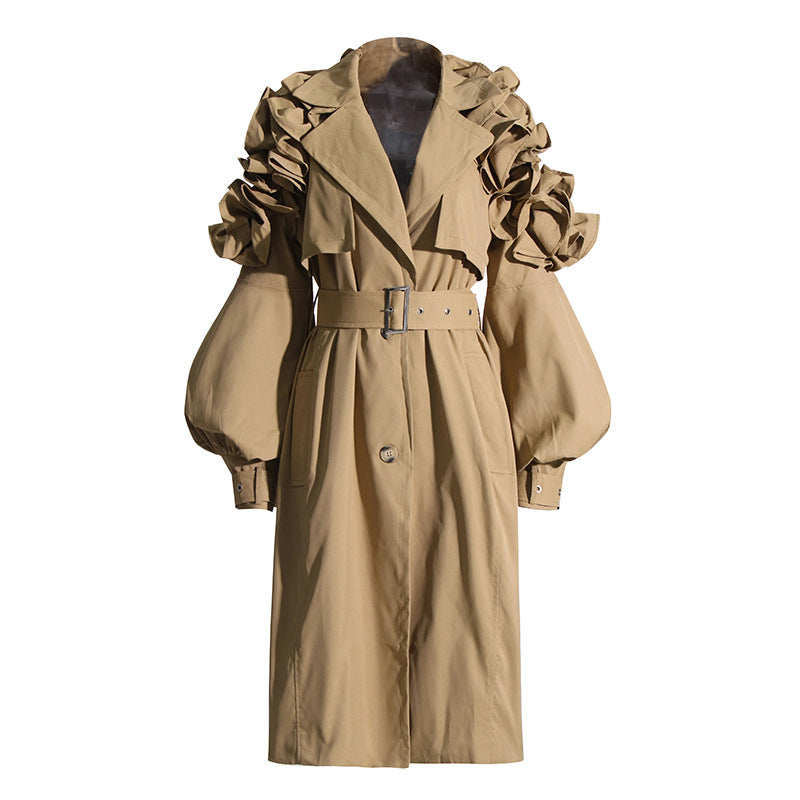 Women's Elegant Mid-length Trench Autumn Lapel Long Sleeve Ruffled Coats