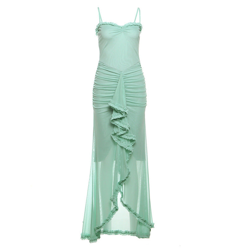 Women's Backless Mesh Suspender Dress Solid Color Dresses