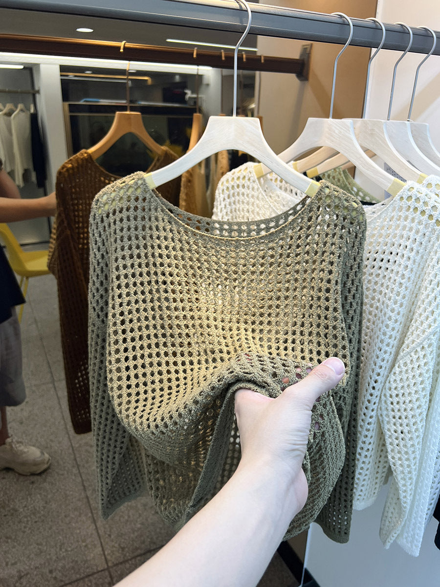 Women's Goods Long Sleeve Hollow Knitted Mesh Shirt Smock Outer Tops