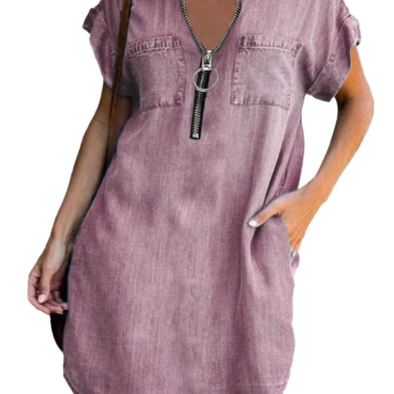 Charming Lapel Sleeve Loose Denim Shirt Dress