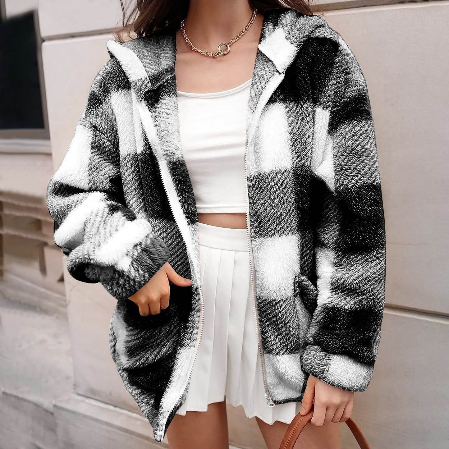 Plaid Loose Casual Long Sleeves Hooded Fur Women's Sweater, Sweater