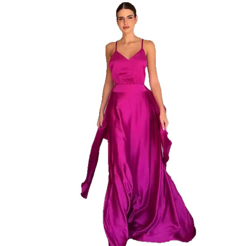 Women's Summer Backless Waist Trimming Rose Red Dresses