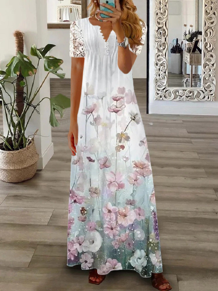 Creative Women's Fashion Short-sleeved Printed Lace Dress