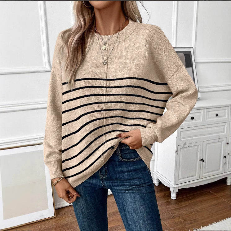 Women's Classic Versatile Loose Thick Quality Striped Round Sweaters