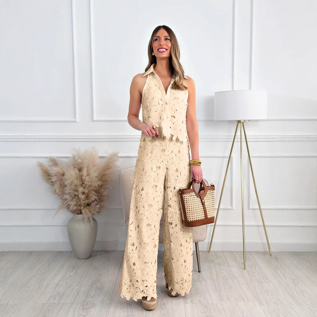 Summer French Style Embroidered Hollow Straight Suits