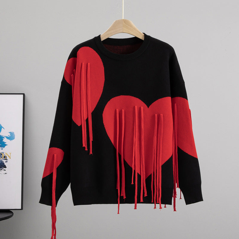 Women's Soft Round Neck Tassel Love Loose Lazy Sweater