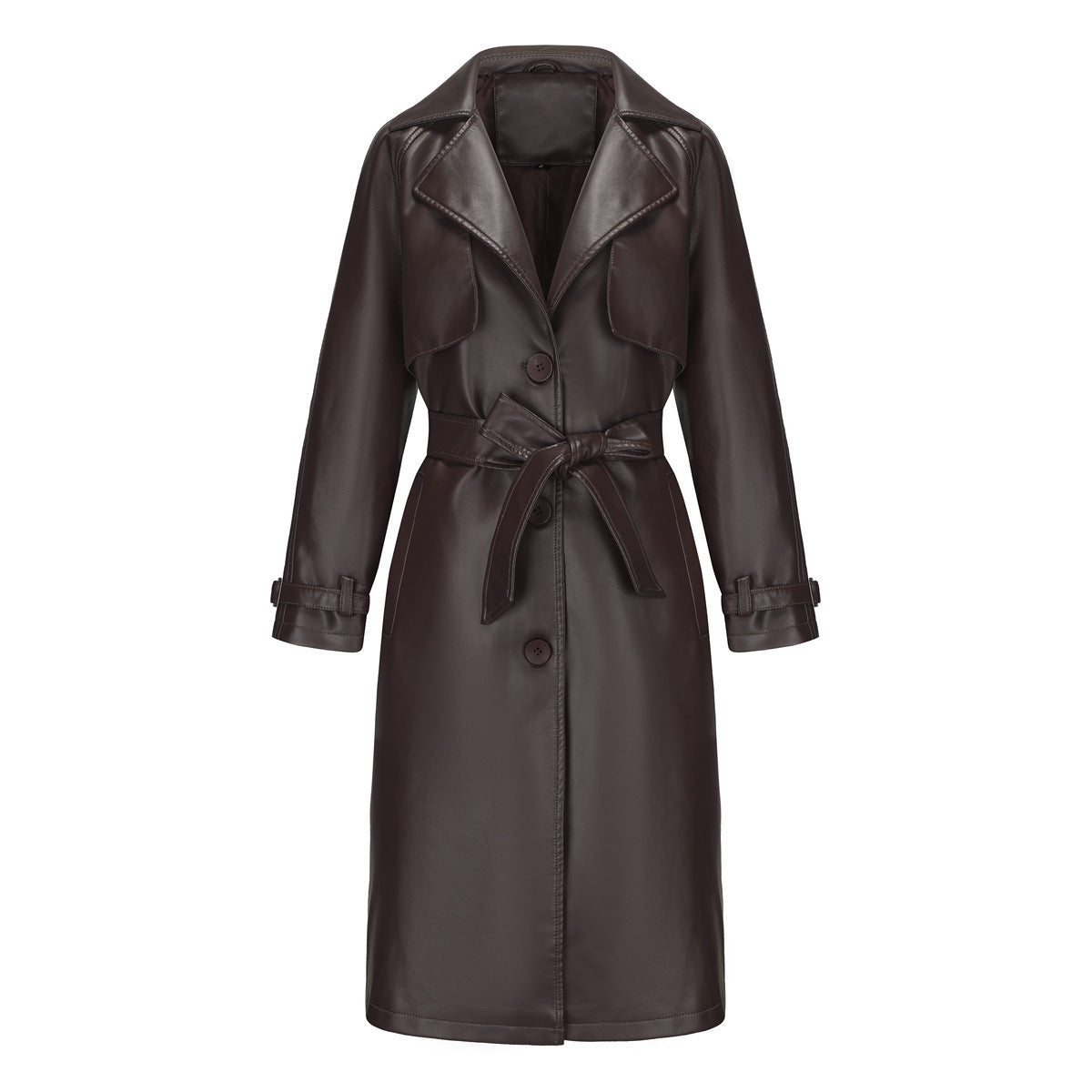 Women's Trench Long Loose Leather Classic Turn-down Collar Jackets