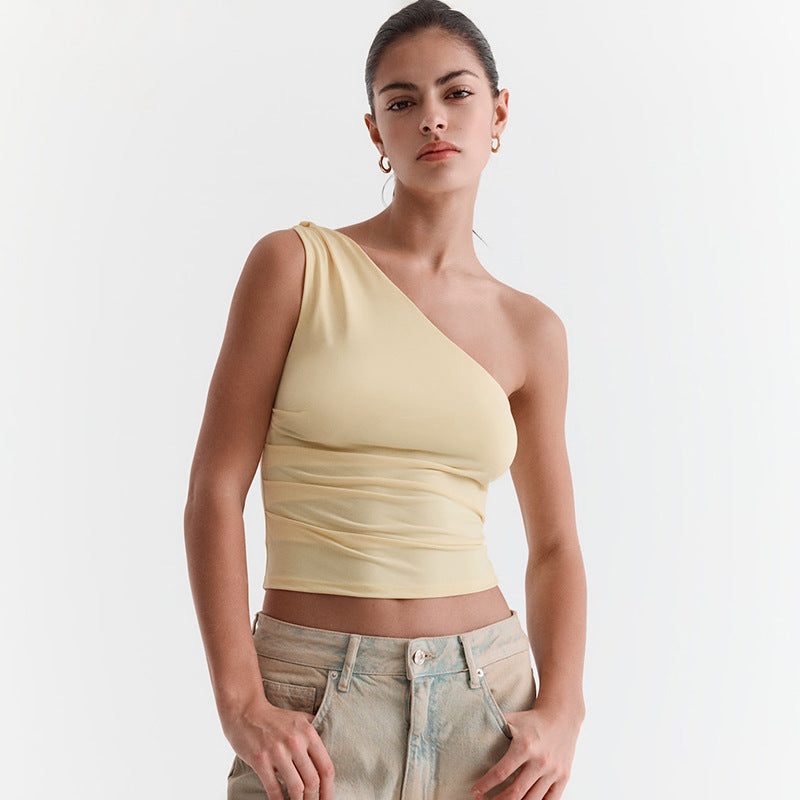 Women's Solid Color Sleeveless Diagonal Collar Tie Blouses