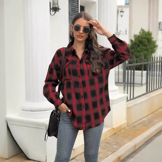 Women's Large Long-sleeved Plaid Button Shirt With Blouses