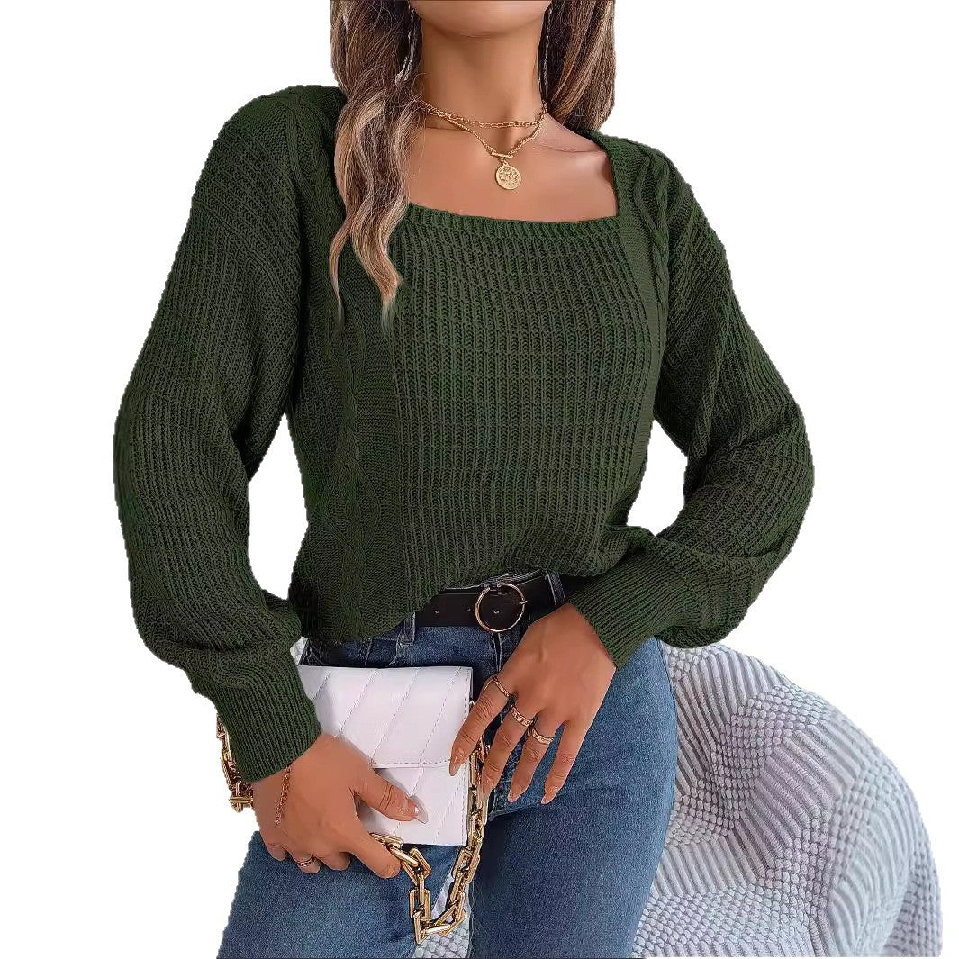 Clearance Casual Solid Color Square Collar Twist Lantern Sleeve Sweaters