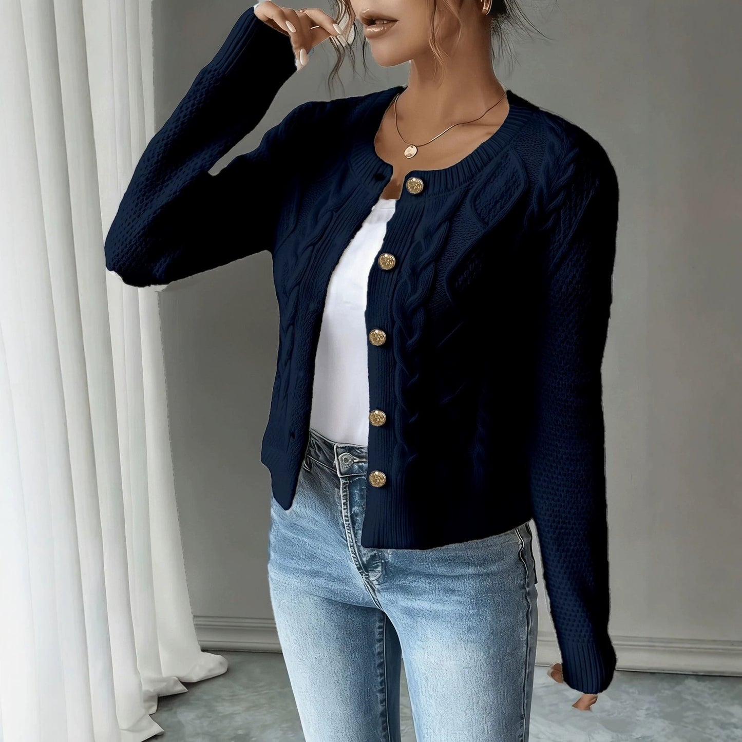 Women's Fashion Wear Slimming Single-breasted Knitted Long-sleeved Sweaters