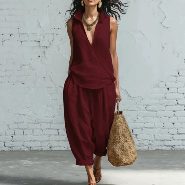 Women's Simple Lapel Shirt Wide Leg Linen Two-piece Fashion Casual Suit