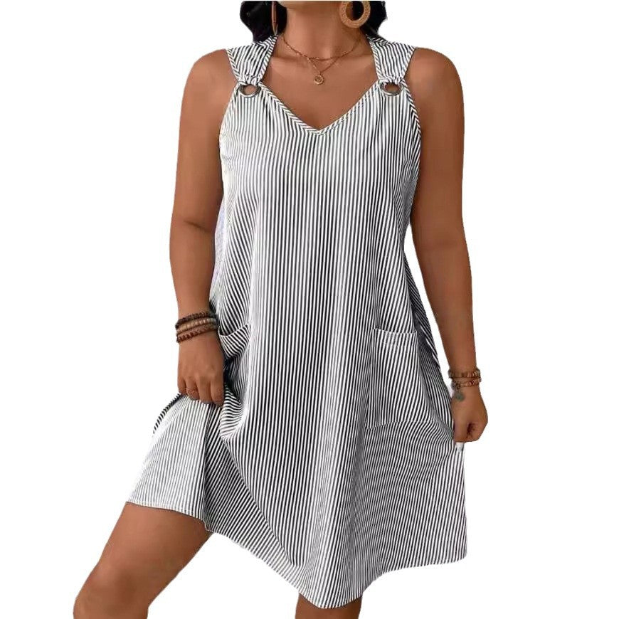 Glamorous Round Neck Pocket Striped Overall Skirts