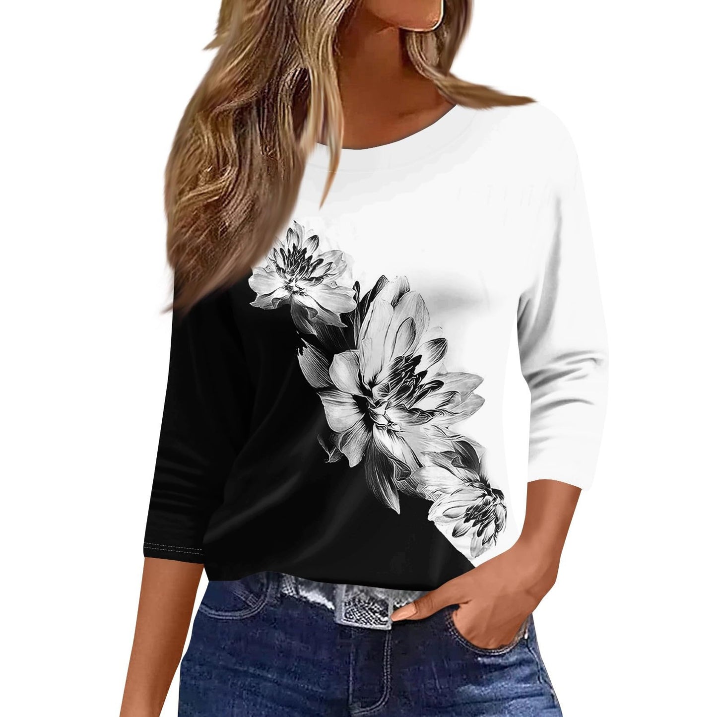 Women's Printed Solid Color Three-quarter Length Sleeve Blouses