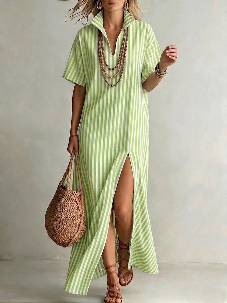 Women's Summer Sleeve Striped Slit For Dress