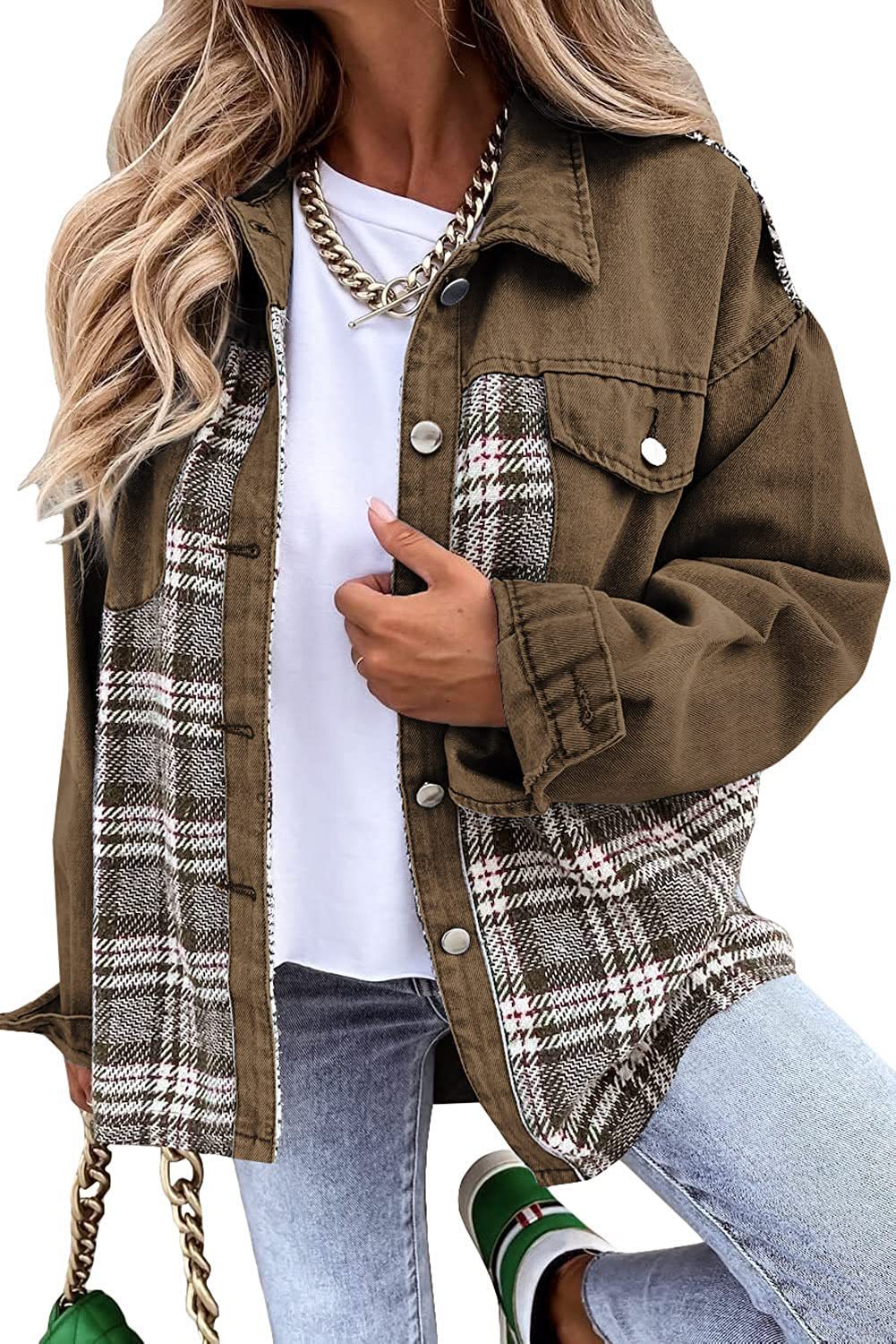 Denim Long Sleeve Plaid Button-down Shirt Jackets