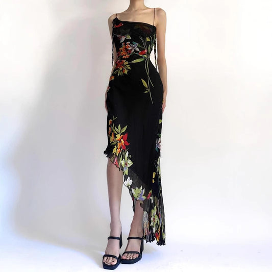 Irregular Pleated Plant Printing Slip Dress Dresses